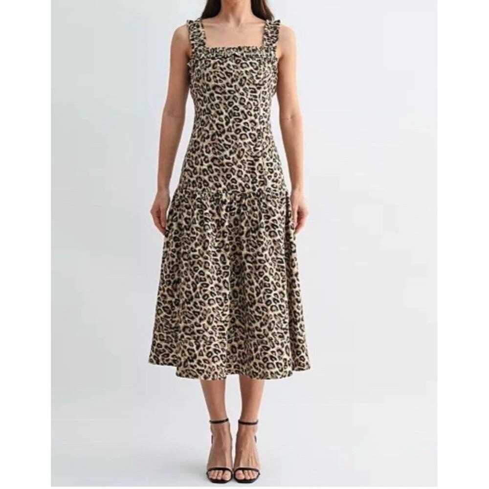 AROSE STUDIO Raya Leopard Midi Dress L Cotton Denim Drop Waist Bow Back Y2K